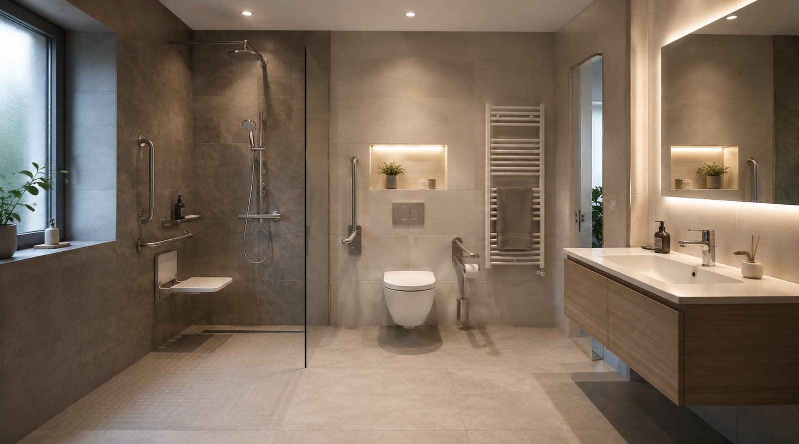 Modern saniertes Komplettbad mit bodengleicher Dusche und freistehendem Waschtisch