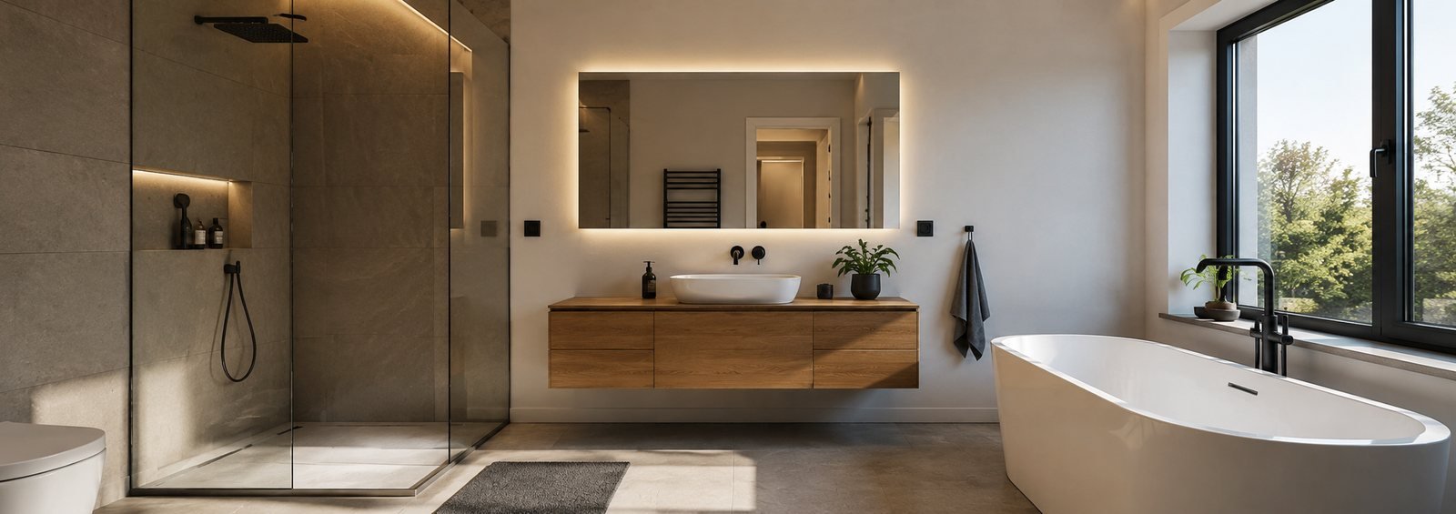 Barrierefreies Bad mit bodengleicher Dusche, Haltegriffen und unterfahrbarem Waschtisch
