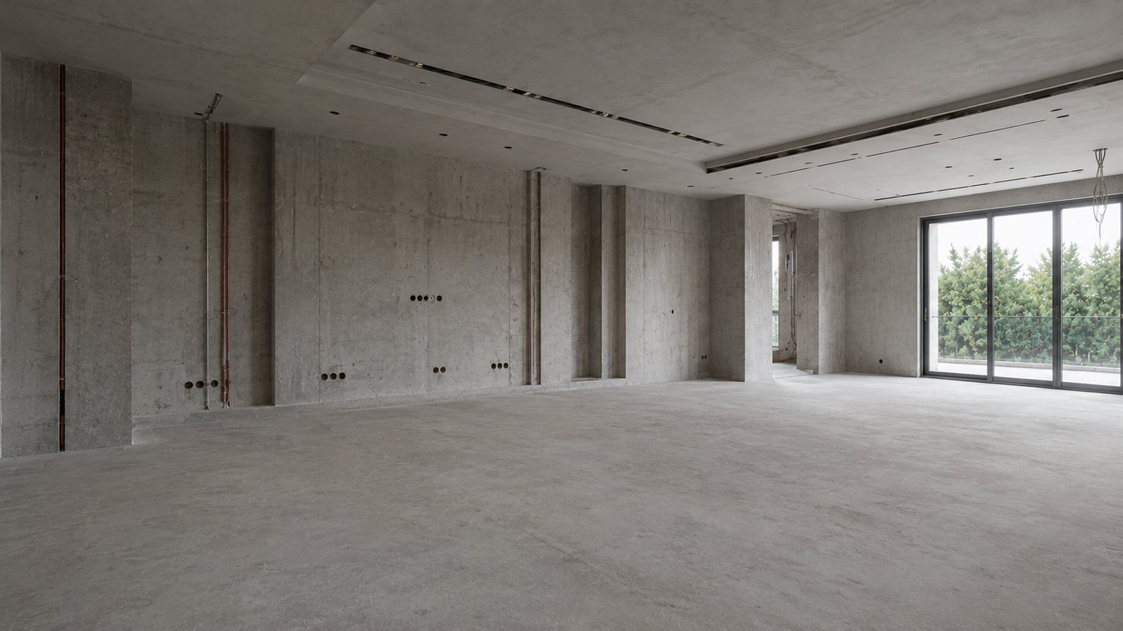 Wohnzimmer im Rohbau, vor der Sanierung