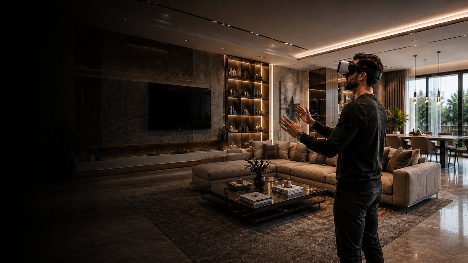 Kunde mit VR-Brille in seinem Wohnzimmer, bevor der Umbau beginnt