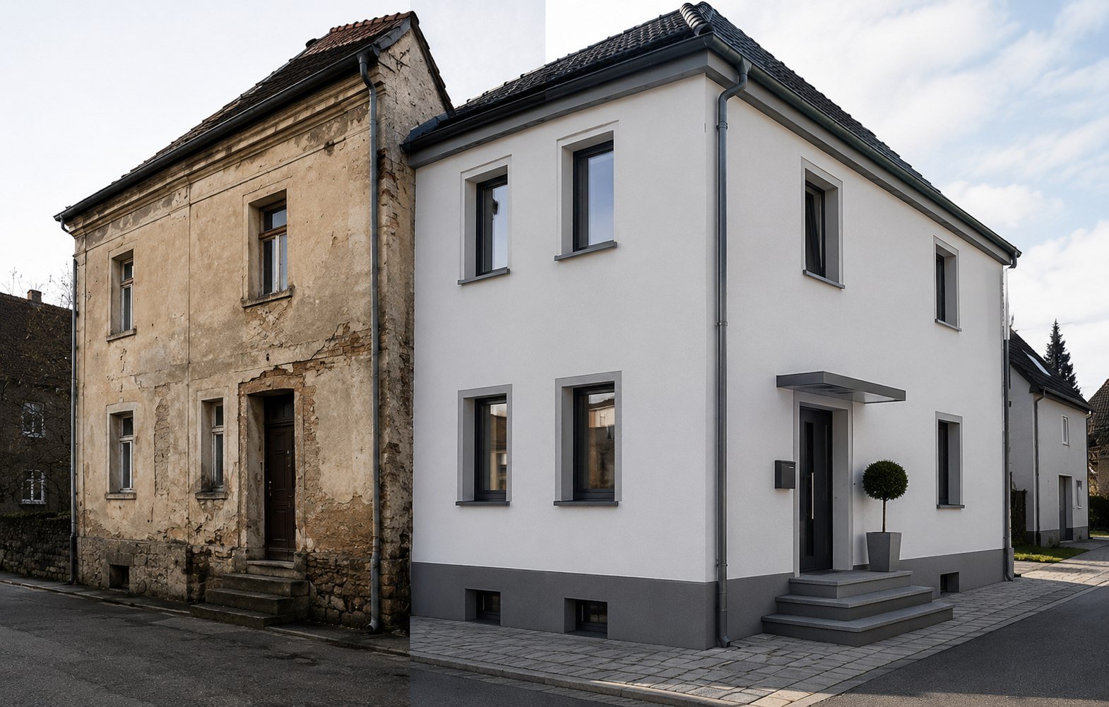 Zwei benachbarte Häuser: unsaniertes Altbau-Gebäude und modernisiertes Haus mit neuer Fassade