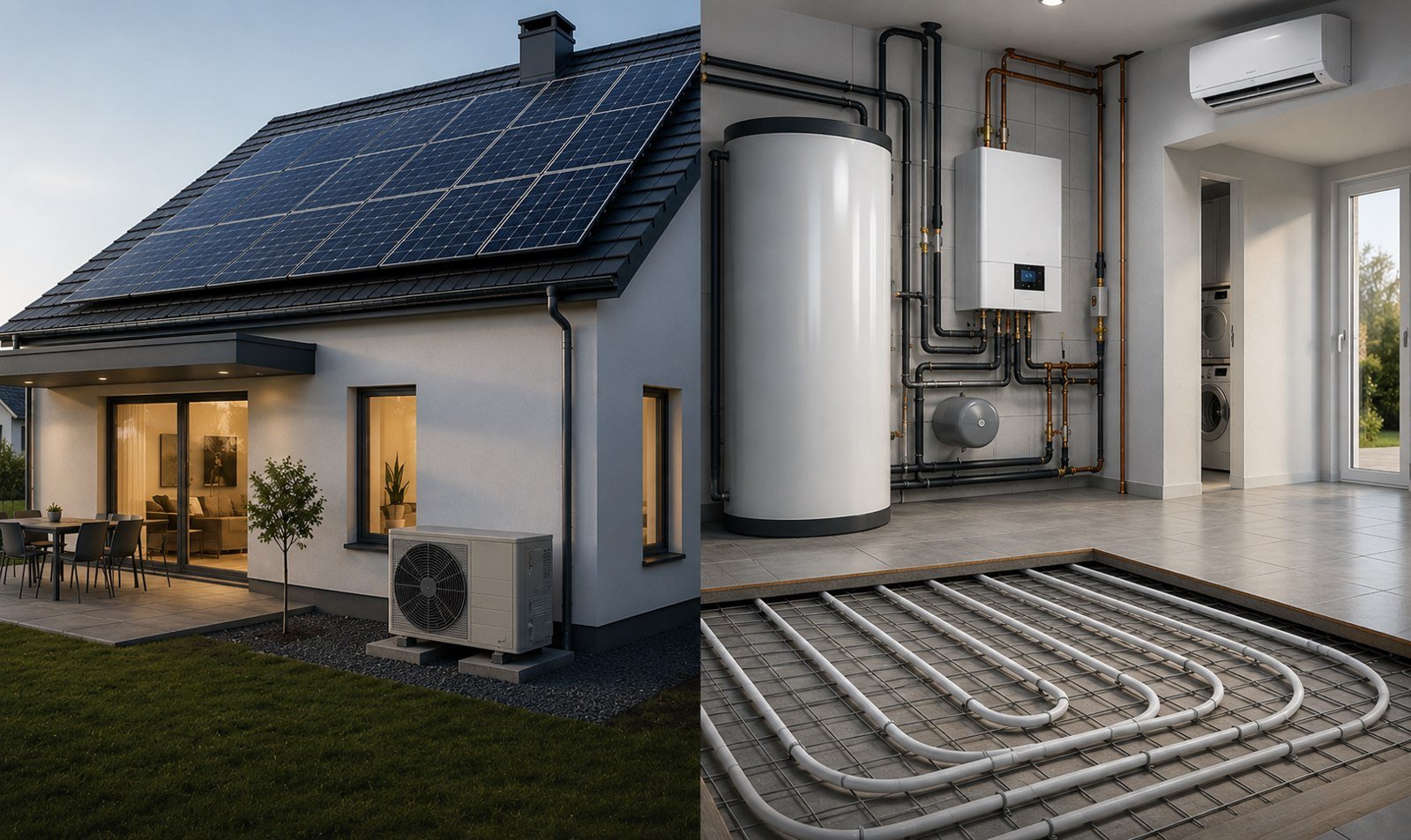 Haus mit Photovoltaikanlage auf dem Dach und Wärmepumpe, daneben Heiztechnikraum mit Pufferspeicher und Fußbodenheizung